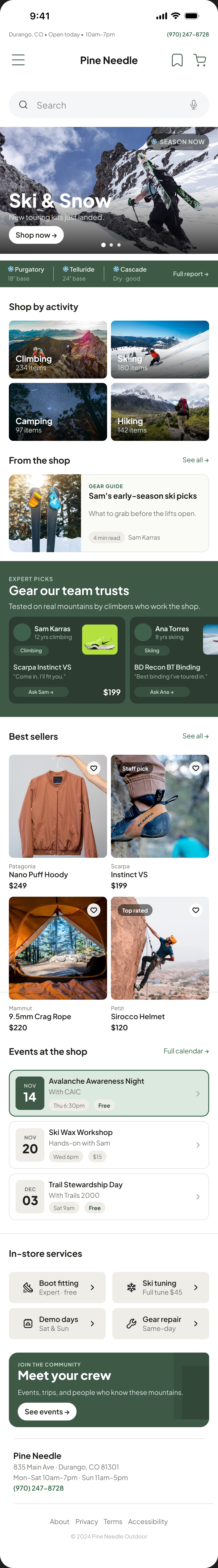 Pine Needle Mountaineering redesigned home screen